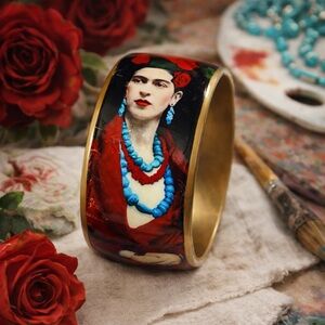 Frida Kahlo Statement Cuff Bracelet – Wearable Art Jewelry, Red Rose Portrait,